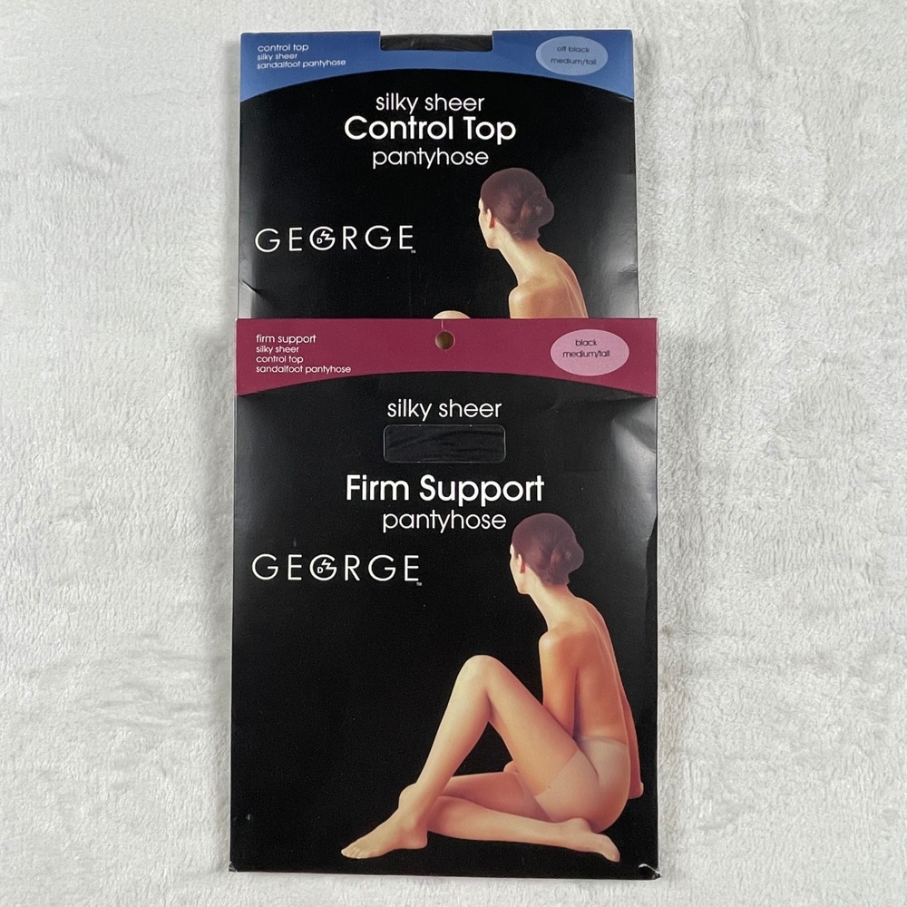 George Women Silky Sheer Control Top & Firm Support Pantyhose Black Med/Tall 2pk